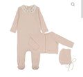 Mema Knits Embroidered Collar Base Footie, Cardigan , Bonnet- Blush