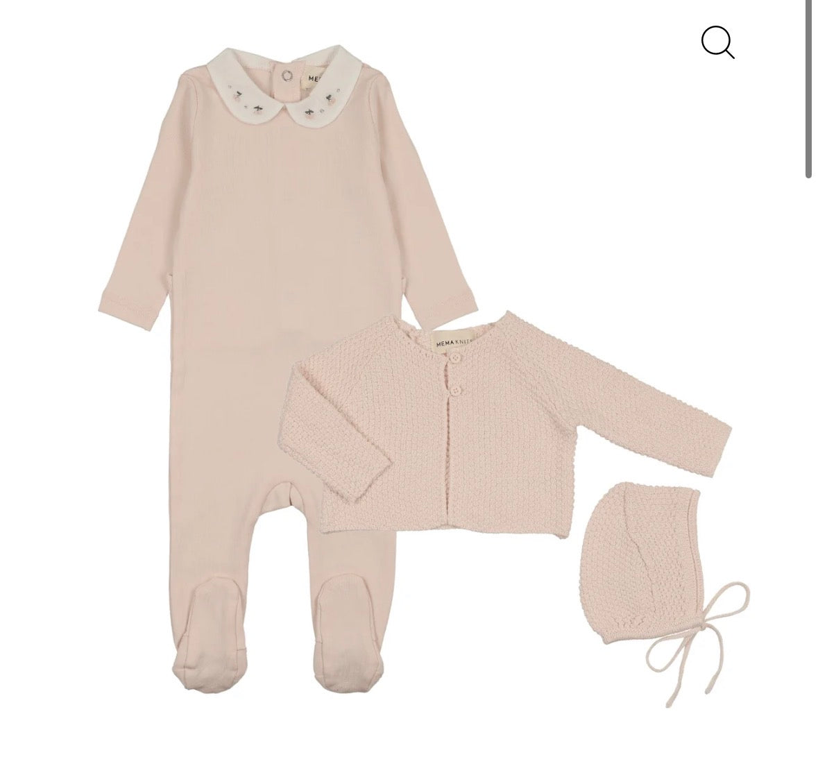 Mema Knits Embroidered Collar Base Footie, Cardigan , Bonnet- Blush
