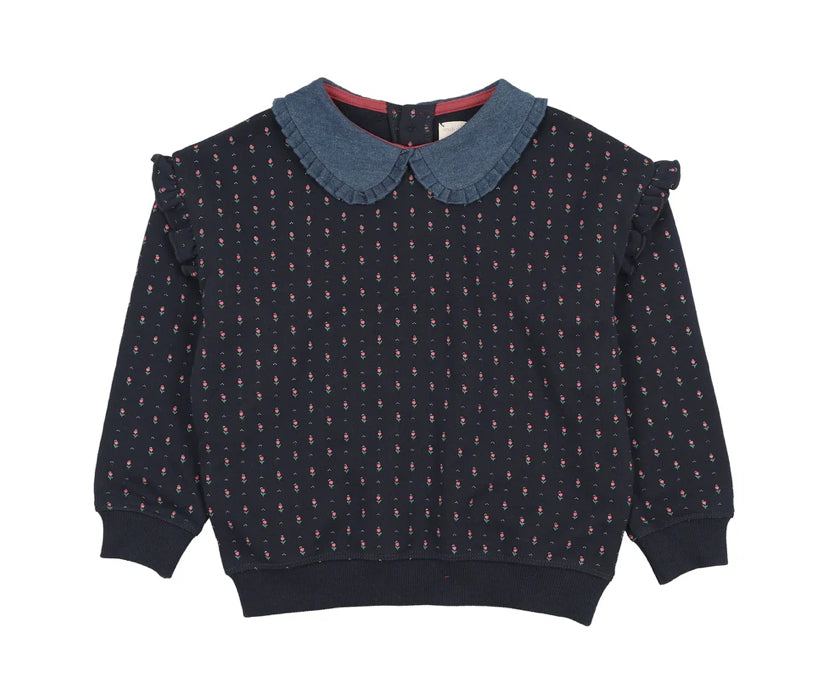 Analogie Navy Print Sweet Campaign Denim Collar Ruffle Sweatshirt