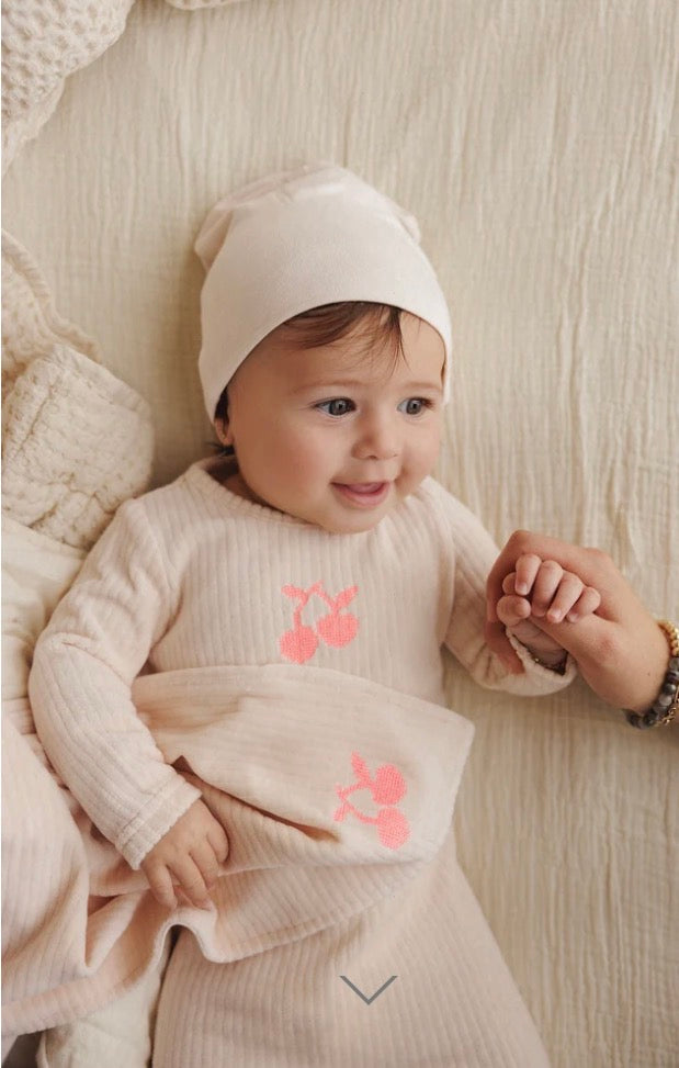 Mema Knits Baby Blush - Neon Pink Cherry Embroidered Cherry Footie + Beanie