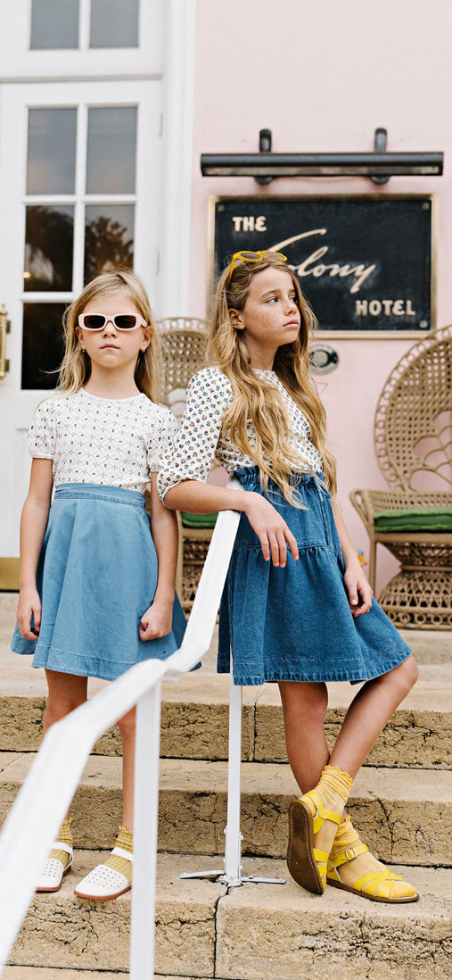 Lil Legs Denim Gathered Skirt - Mid Blue Wash
