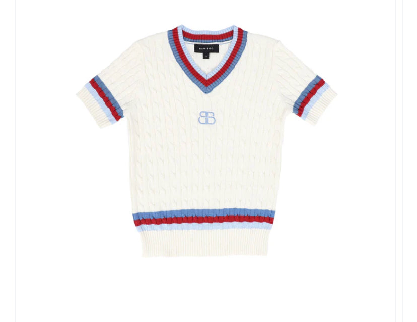 Bamboo ivory cable knit v-neck trim SS sweater