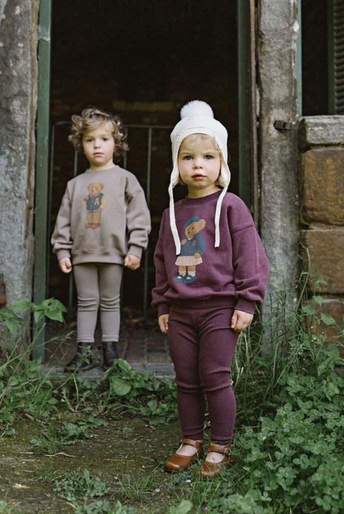 Analogie Washed Burgundy Bear Sweatshirt Set Girl