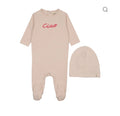 Mema Knits Baby Blush - Neon Pink French Terry Embroidered Wordart Footie + Beanie