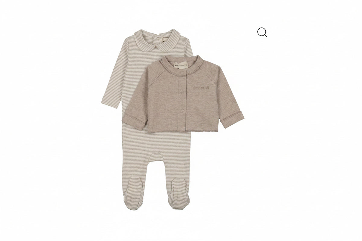 Mema Knits Beige Melange Striped Collared Footie + Cardigan + Beanie