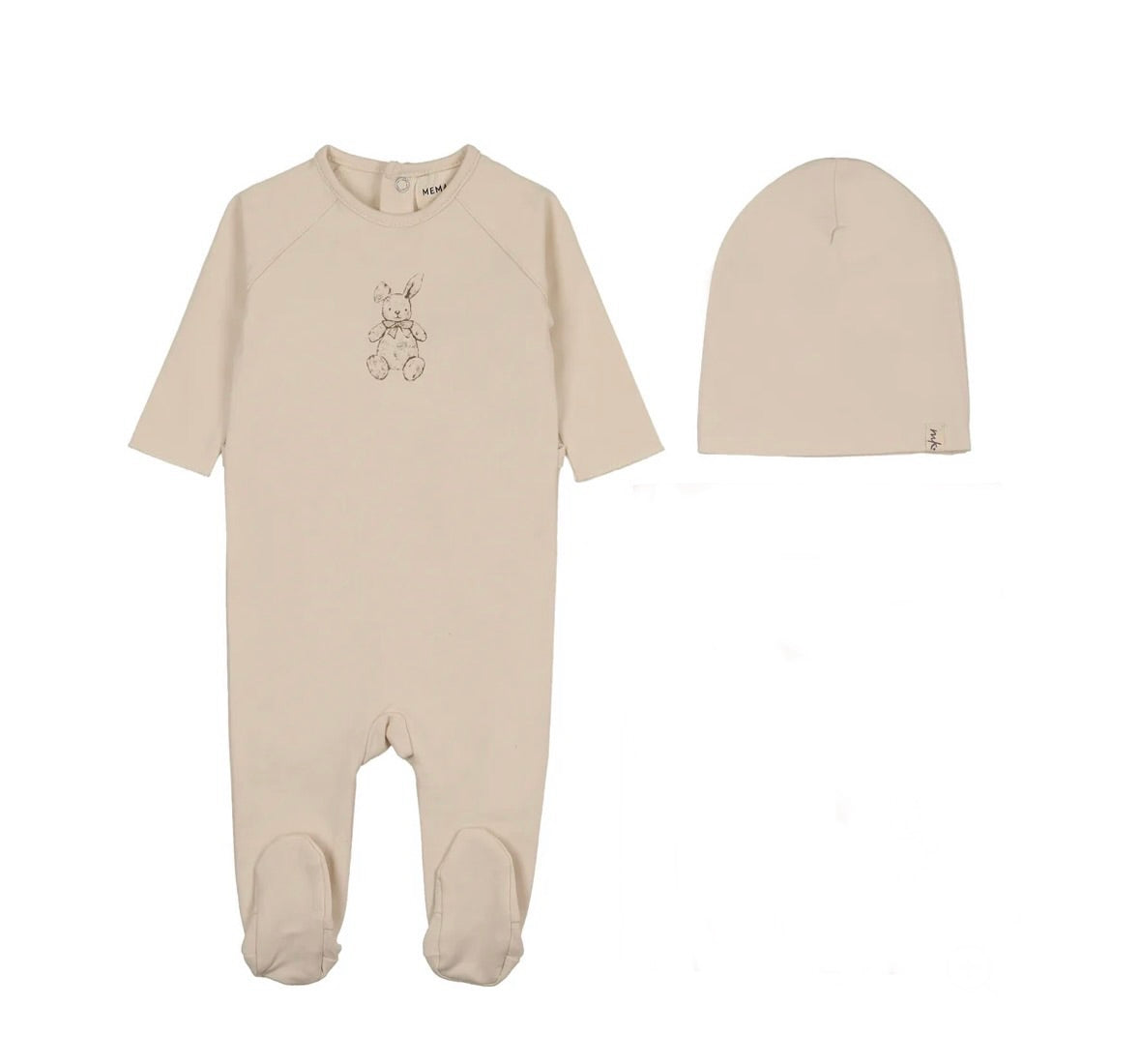 Mema Knits Light Beige - Otter Vintage Bunny Print Footie + Beanie