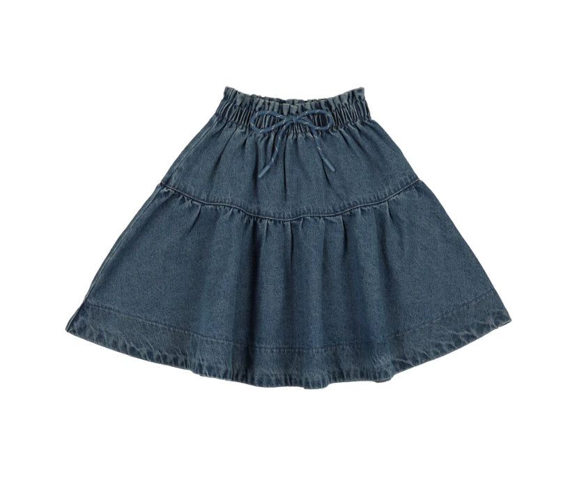 Lil Legs Denim Gathered Skirt - Mid Blue Wash