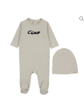 Mema Knits Ice Blue - Navy French Terry Embroidered Wordart Footie + Beanie