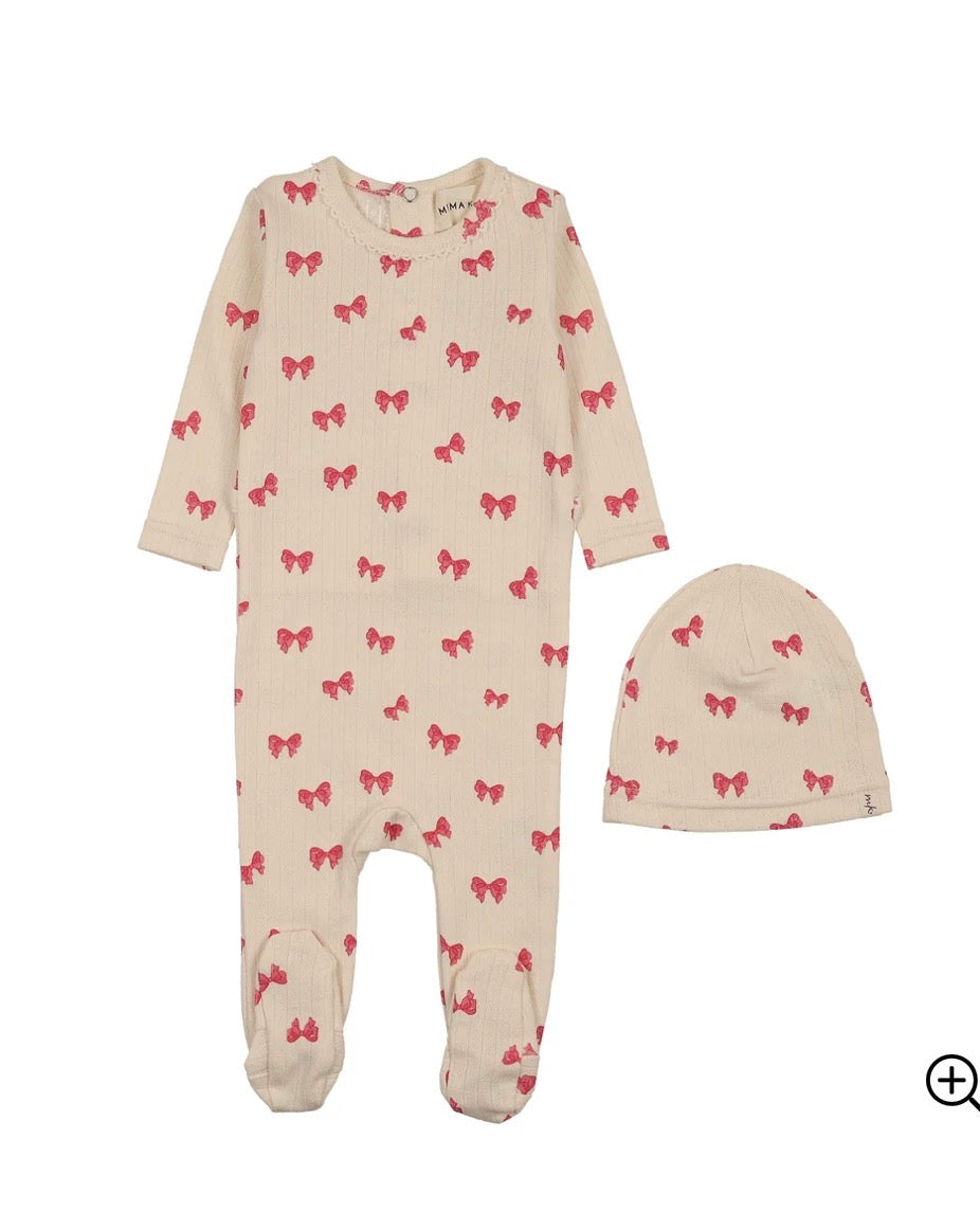 Mema Knits Hot Pink Bow Print Bow Printed Footie + Beanie