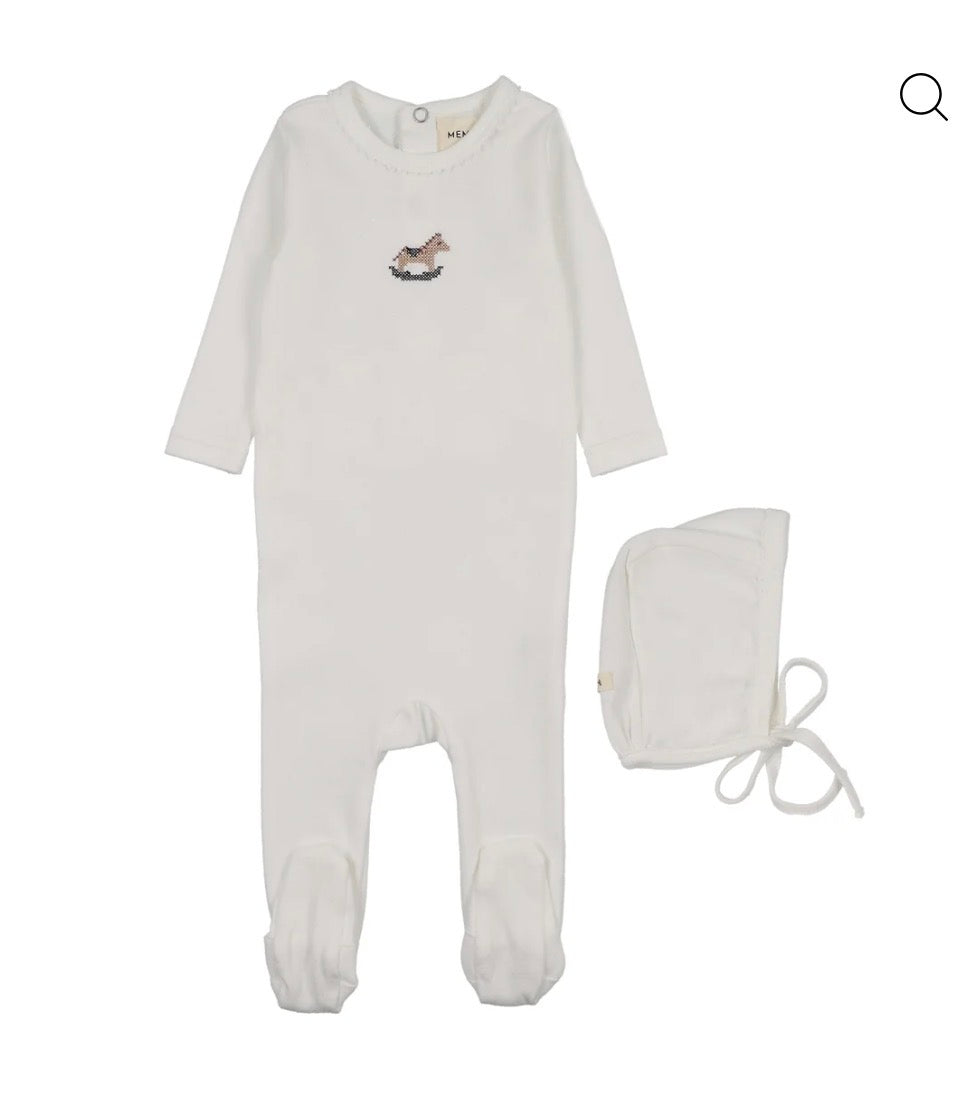 Mema Knits Winter White Pointelle Embroidered Horse Rocker Footie + Bonnet