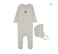 Mema Knits Ice Blue Pointelle Embroidered Horse Rocker Footie + Bonnet