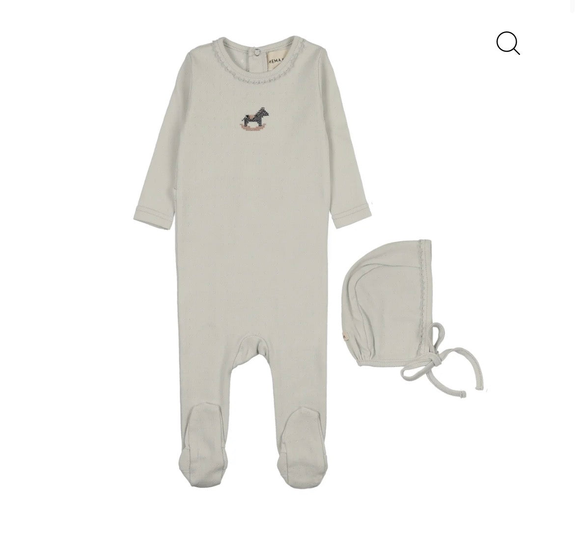 Mema Knits Ice Blue Pointelle Embroidered Horse Rocker Footie + Bonnet