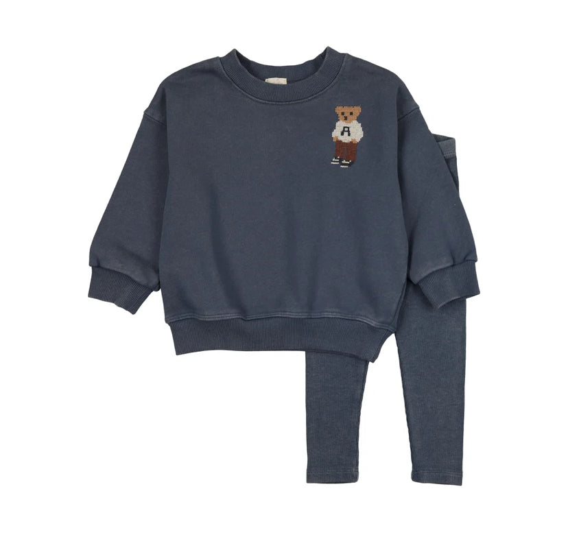 Analogie Vintage Indigo Embroidered Bear Sweatshirt Set - Boy