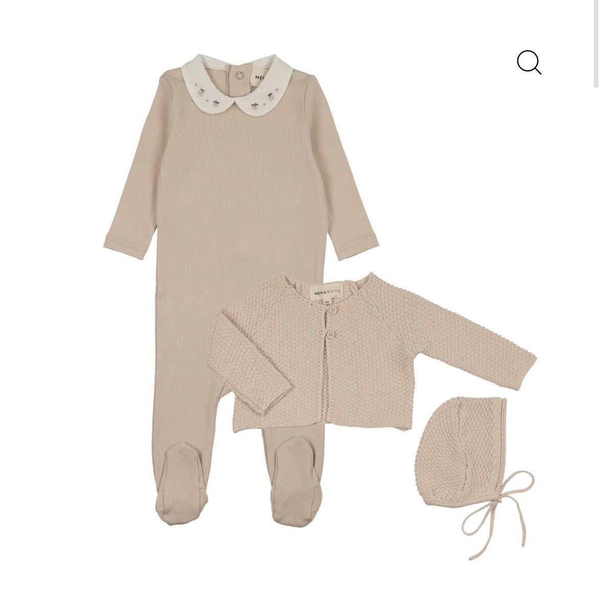 Mema Knits Embroidered Collar Base Footie, Cardigan and Bonnet- Sand