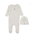 Mema Knits Winter White + Light Blue Cherry Cherry Print Mock Wrap Footie + Beanie