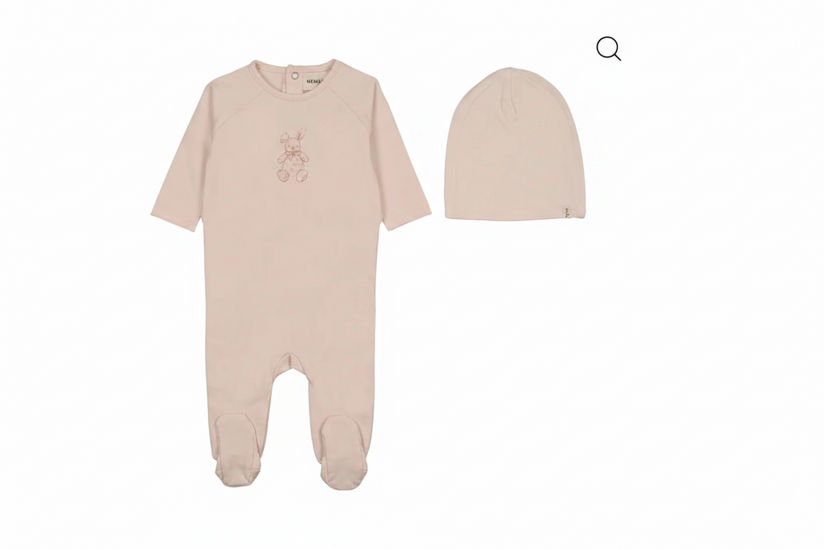 Mema Knits Baby Blush - Pink Vintage Bunny Print Footie + Beanie